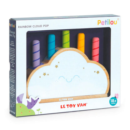 Een houten wolk van Le Toy Van met vijf kleurrijke regenboog pop-up sticks (in drie lengtes) en verborgen veren - verpakking